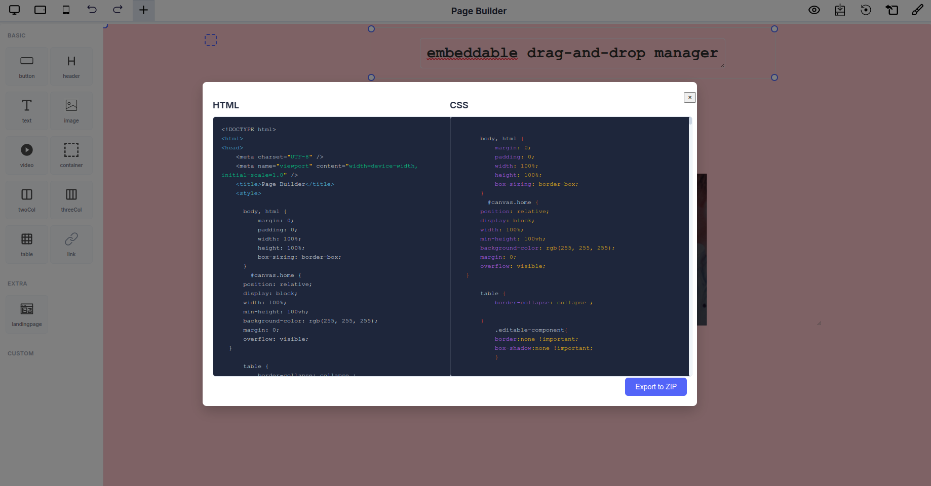 HTML/CSS Export Interface