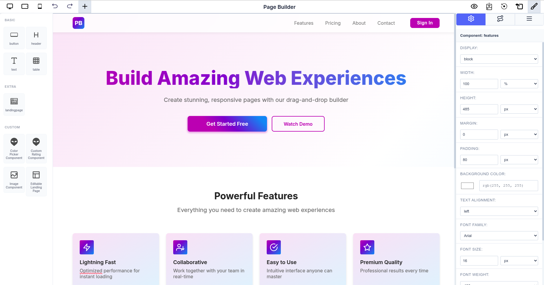 Page Builder with Landing Page Component